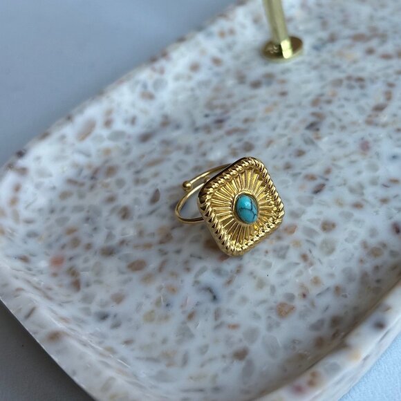 Turquoise square adjustable open ring 18K gold plated, stainless steel - Picture 3 of 4